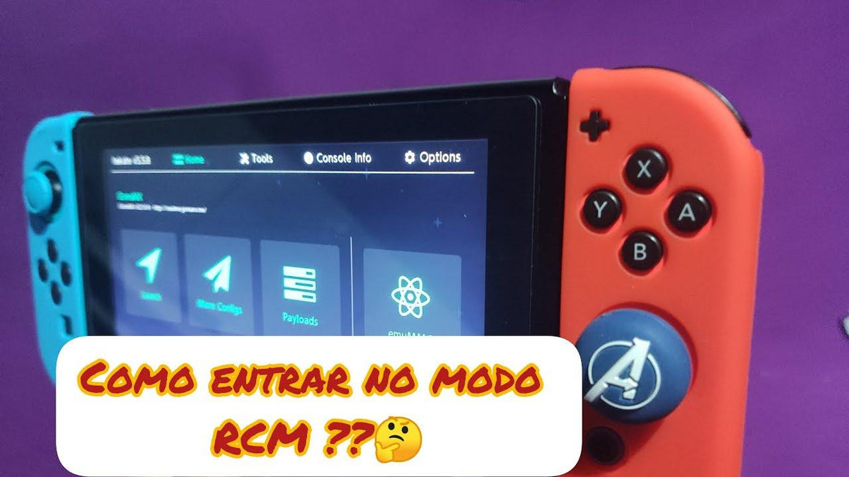 Modo RCM Nintendo Switch sendo mostrado em tela com opções e controles visíveis.