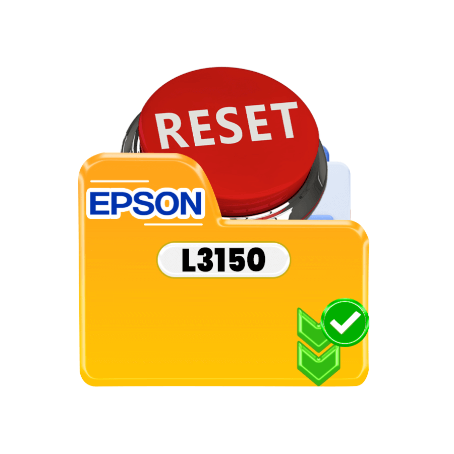 Botão de reset para impressora Epson L3150 com ícone de confirmação ao lado.