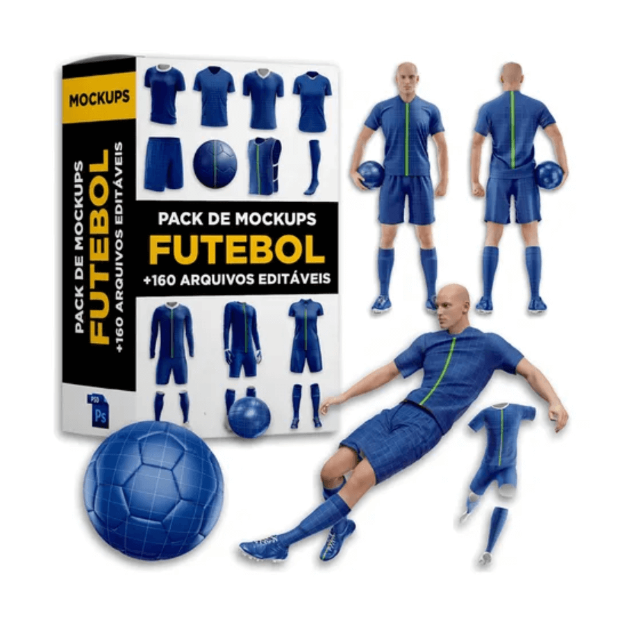 Pack de mockups de futebol com 160 arquivos editáveis, incluindo uniformes, bolas e jogadores em ação.