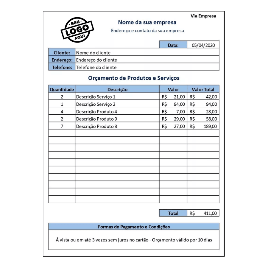 Planilha Orçamento Produtos E Serviços Folha Modelo Empresa Cliente - Radali Shop