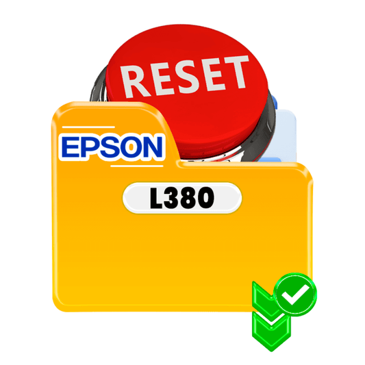 Reset Epson L380 image with a red button and yellow folder for printer maintenance.