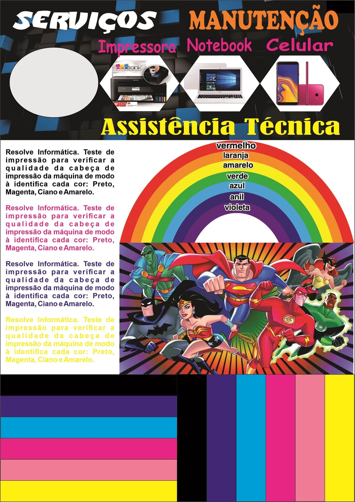 5 Paginas para Teste Impressora JPG com informações sobre serviços de manutenção e teste de impressoras.