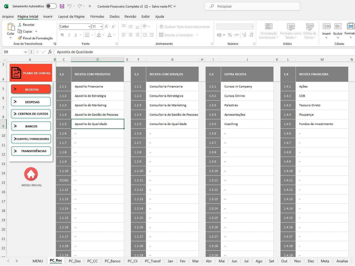 Planilha de controle financeiro com seções para receitas, despesas e gestão de qualidade em Excel.