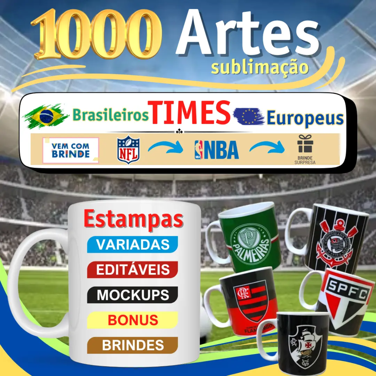 Mil Artes Sublimação Canecas Times Futebol NFL NBA