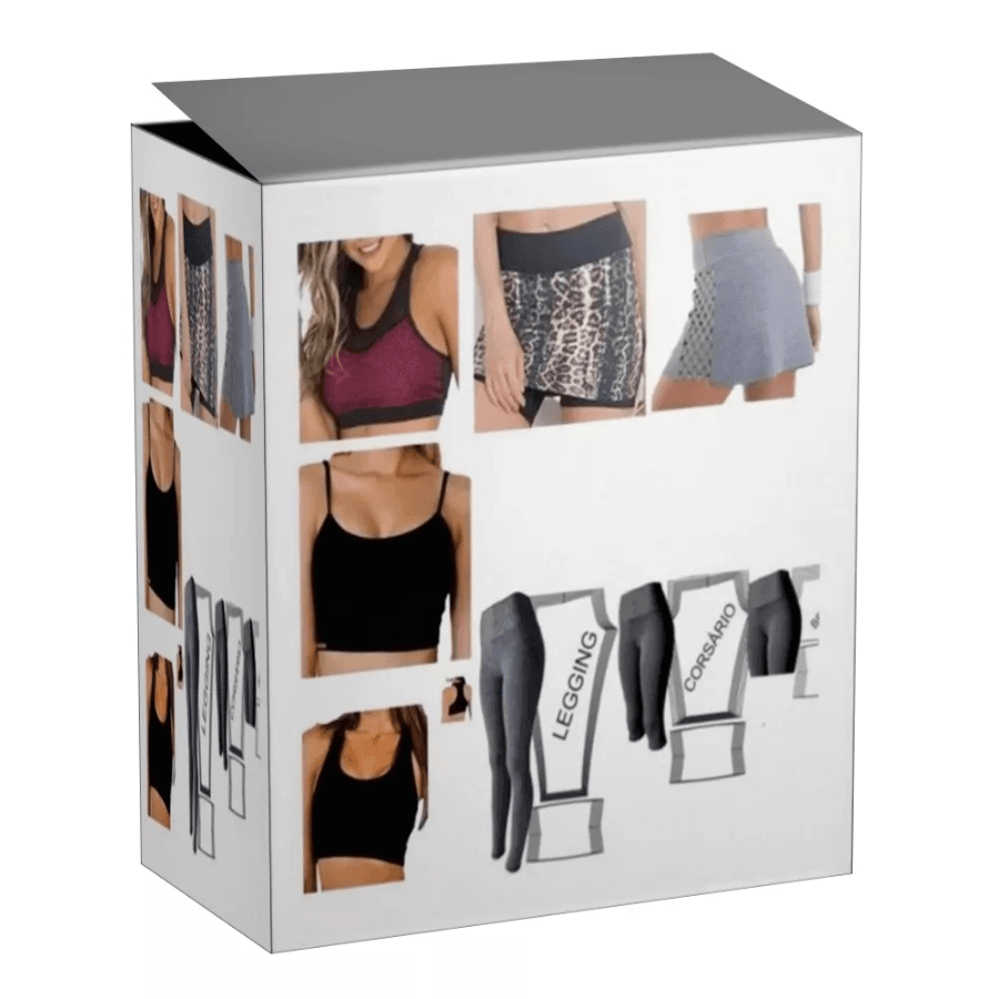 Kit de moldes para roupas fitness com tops, shorts e leggings, ideal para moda academia e costura profissional.