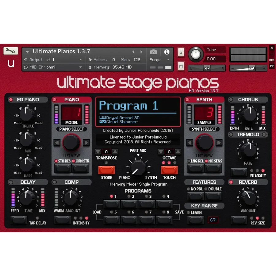 Interface do Ultimate Stage Pianos com timbres para pianos de palco premium para Kontakt.