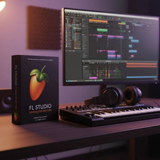 Software de produção musical FL Studio 26 na mesa com teclado e fones, ideal para criação musical.