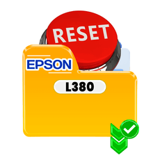 Reset Epson L380 image with a red button and yellow folder for printer maintenance.