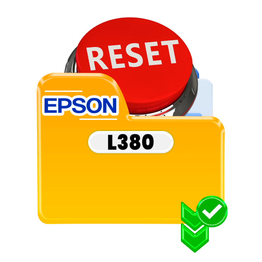 Reset Epson L380 image with a red button and yellow folder for printer maintenance.