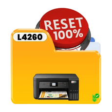 Epson L4260 printer reset program button with 'RESET 100%' label and yellow folder background.