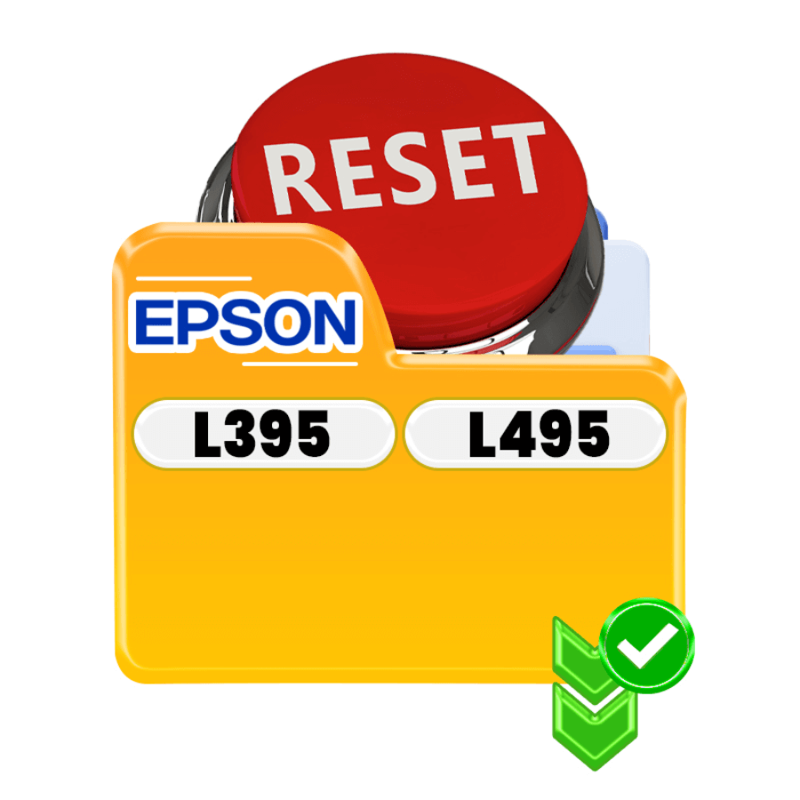 Epson printer reset button for L395 and L495 model with check mark, highlighting ink pad counter reset feature.