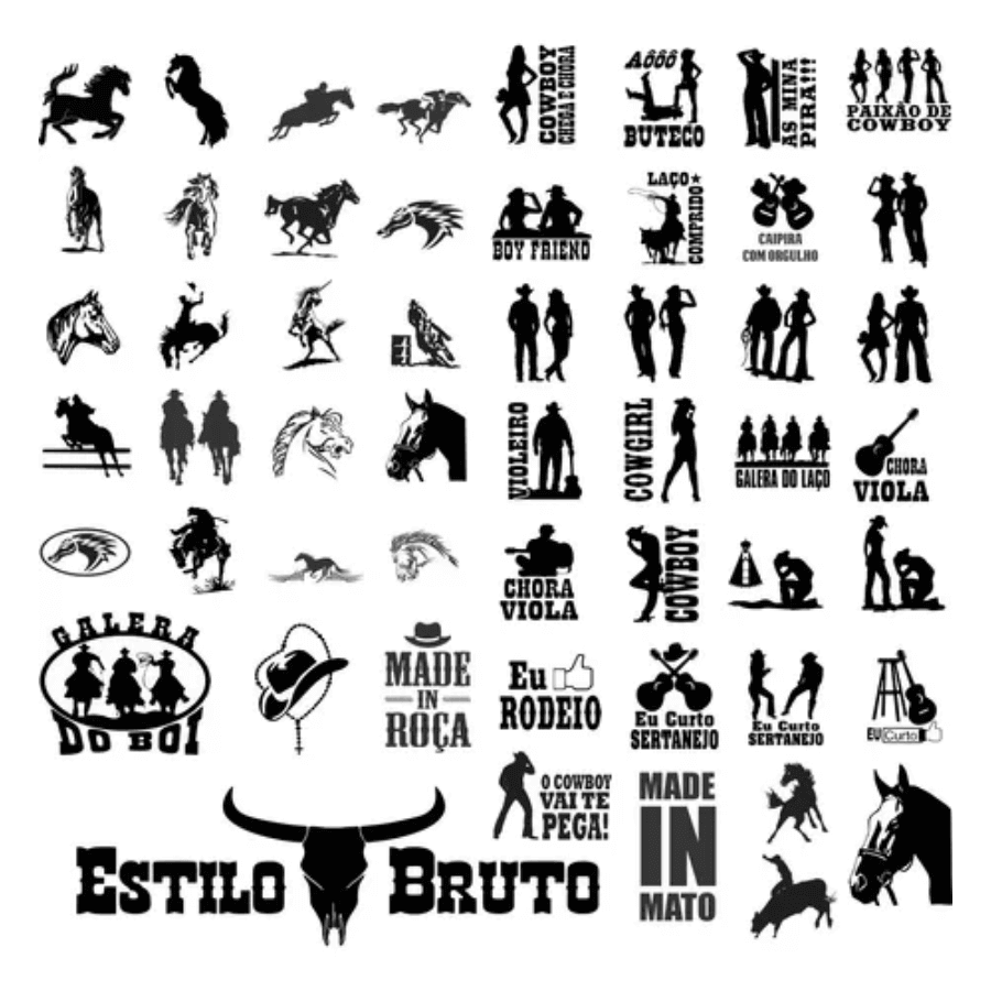 Collection of cowboy-themed vector stickers featuring silhouettes of horses and cowboys in various poses.