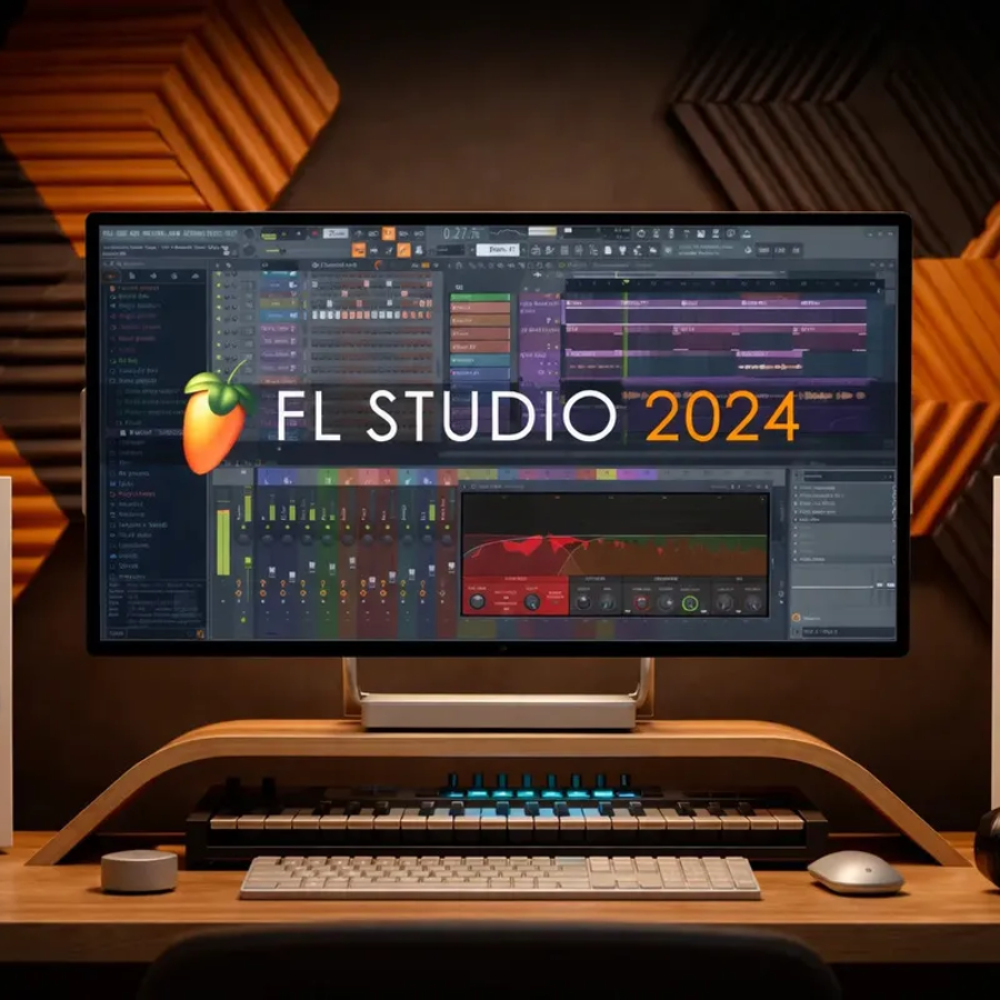 FL Studio 24 edição produtora portátil em uma estação de trabalho de áudio digital moderna.