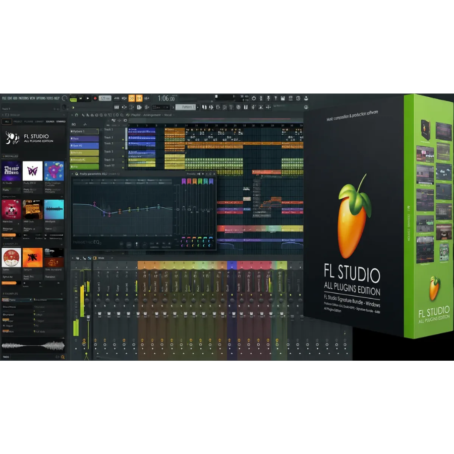 Imagem do FL Studio 25.2.5 com todos os plugins e interface do usuário, ideal para produção musical.