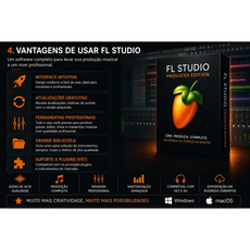 Software de produção musical FL Studio 26 com interface intuitiva e ferramentas profissionais para produtores.