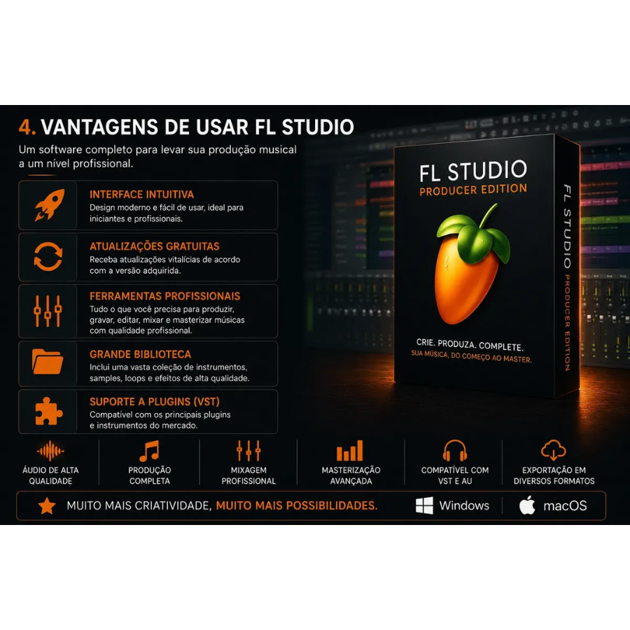 Software de produção musical FL Studio 26 com interface intuitiva e ferramentas profissionais para produtores.