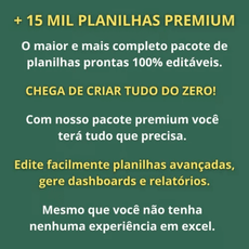 +15.000 planilhas premium, pacotes de planilhas editáveis e dashboards prontos para uso, sem precisar criar do zero.