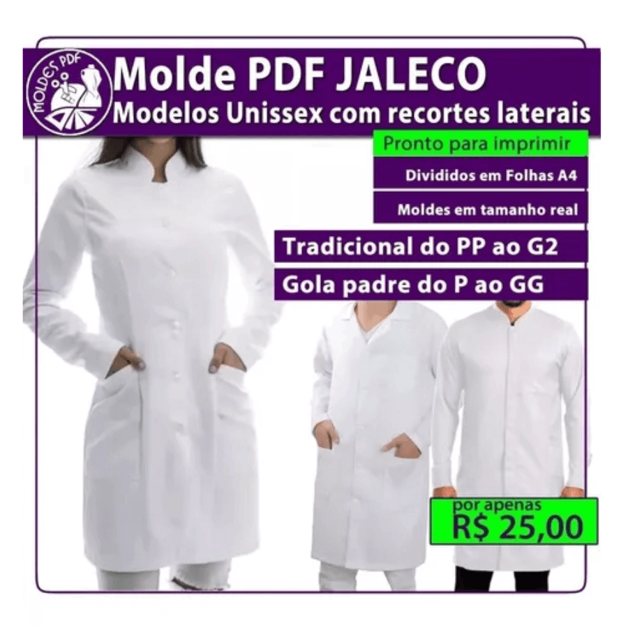 Moldes Jaleco Masculino Feminino Tradicional Gola tamanho real Arquivos - Radali Shop