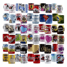 Display of 70 different sublimation designs for mugs including themes of love, cartoons, and popular culture.