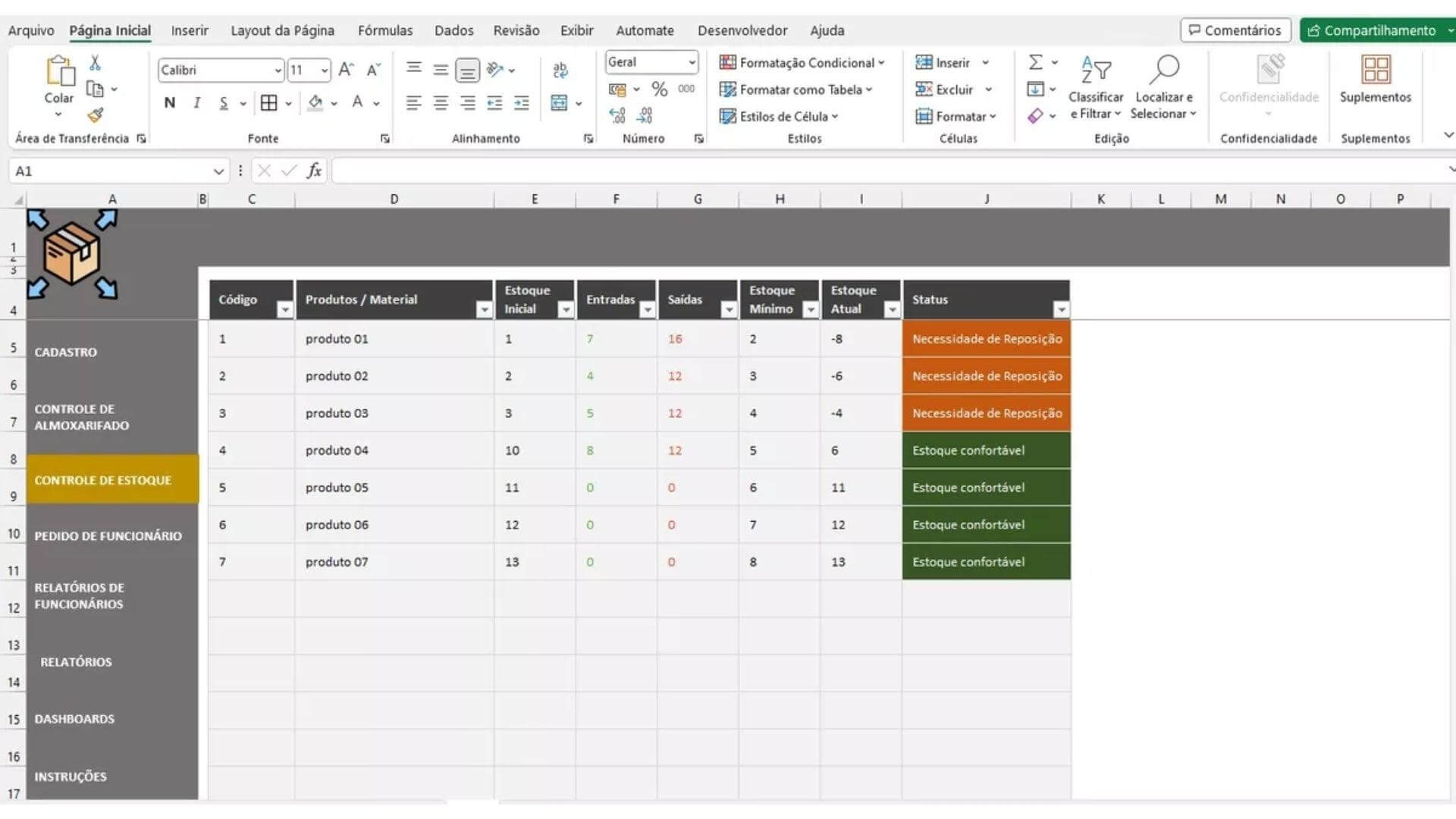 Planilha de controle de estoque em Excel com dados de produtos e inventário.
