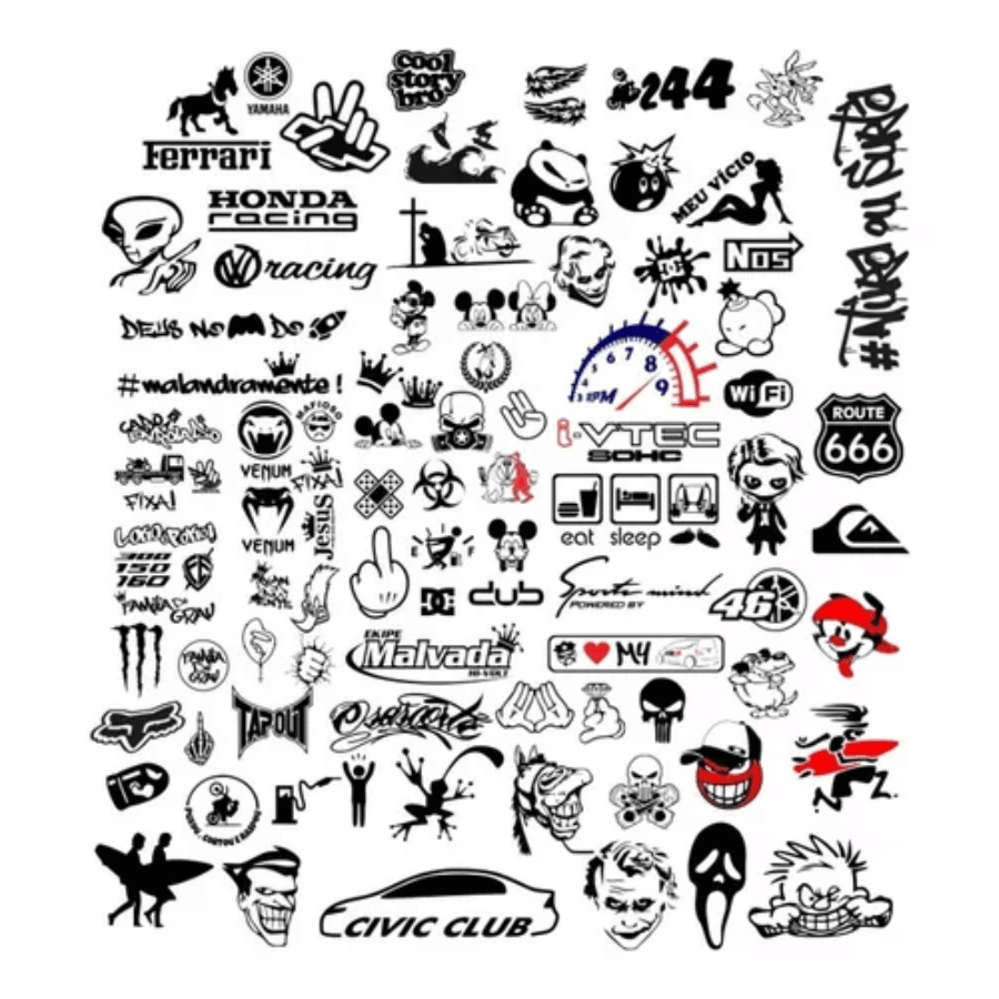 Collage of various logo stickers, including brands like Ferrari, Honda Racing, and Civic Club.