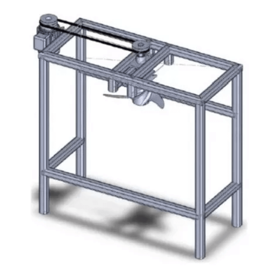 3D illustration of an eco-brick press machine with frame, motor and conveyor components for brick production.