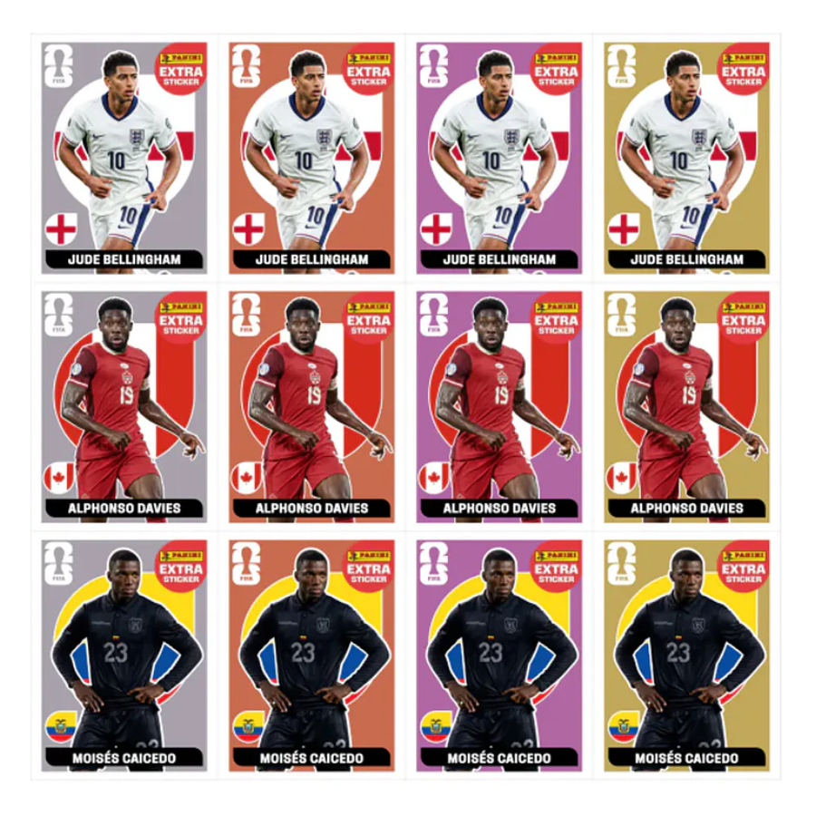 Figurinhas copa 2026 para imprimir com jogadores como Jude Bellingham, Alphonso Davies e Moisés Caicedo.