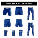 Designs of blue shorts, pants, and vests in various styles and fits, labeled 'Bermudas, Calças e Coletes'.