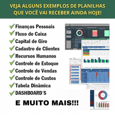 Exemplos de planilhas Excel como finanças pessoais, fluxo de caixa e dashboards disponíveis na compra.