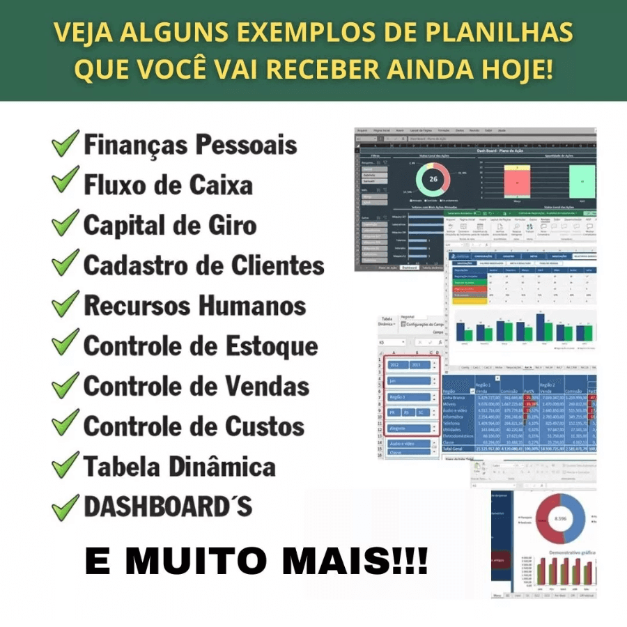 Exemplos de planilhas Excel como finanças pessoais, fluxo de caixa e dashboards disponíveis na compra.