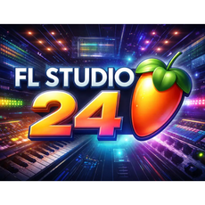 FL Studio 24 edição produtora portátil, logo do software de produção musical com cores vibrantes.