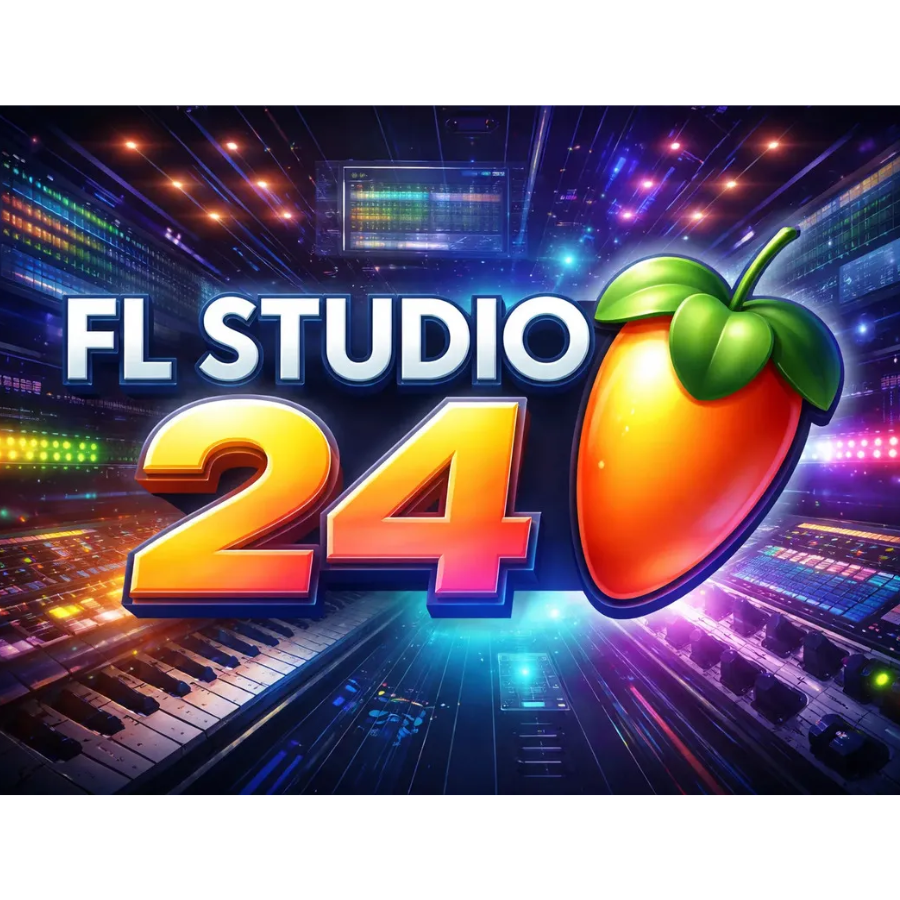 FL Studio 24 edição produtora portátil, logo do software de produção musical com cores vibrantes.