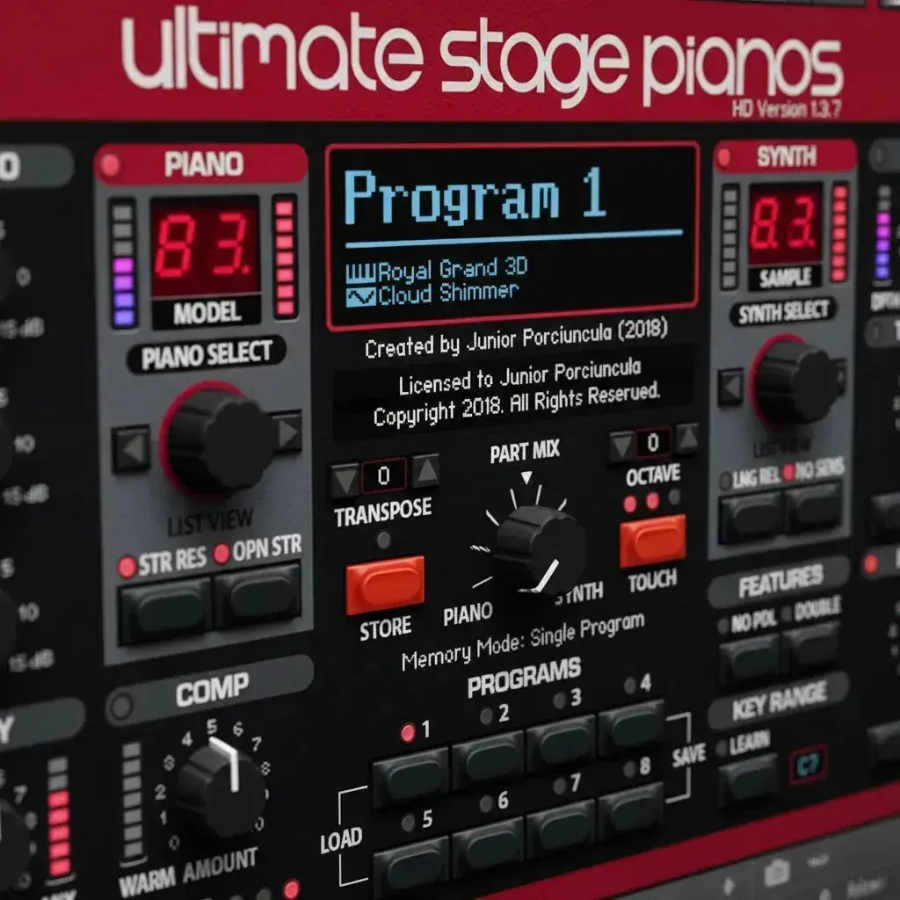 pianos de palco premium para Kontakt exibindo controles e tela do Ultimate Stage Pianos