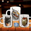 3D coffee mugs featuring superhero and dinosaur designs, showcasing creative cracked effects.