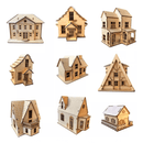 Variety of intricately crafted wooden model houses, showcasing different architectural styles and designs.