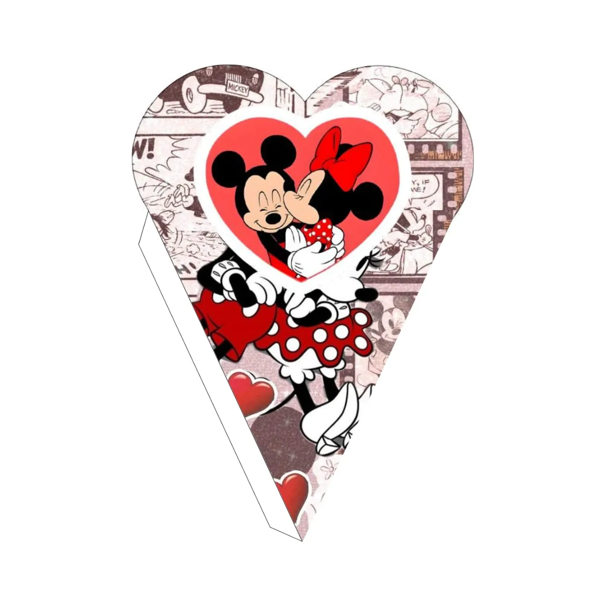 Imagem de coração com Mickey e Minnie se abraçando, ideal para temas românticos ou festas.