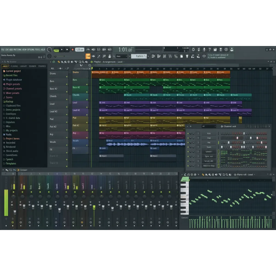 Tela do FL Studio 24 edição produtora portátil com arranjos de música e mixagem em andamento.
