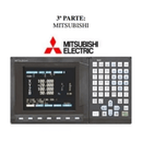 Display screen of Mitsubishi CNC controller with control buttons and Mitsubishi Electric logo.