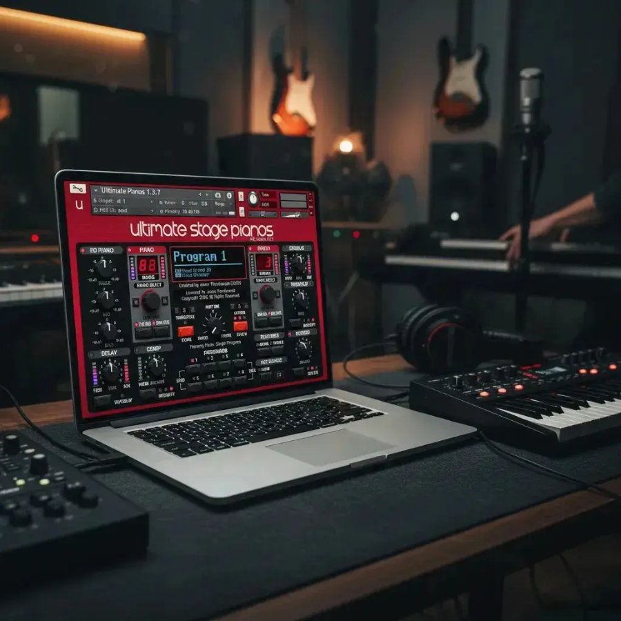 pianos de palco premium para Kontakt em um computador, mostrando a interface da biblioteca Ultimate Stage Pianos.