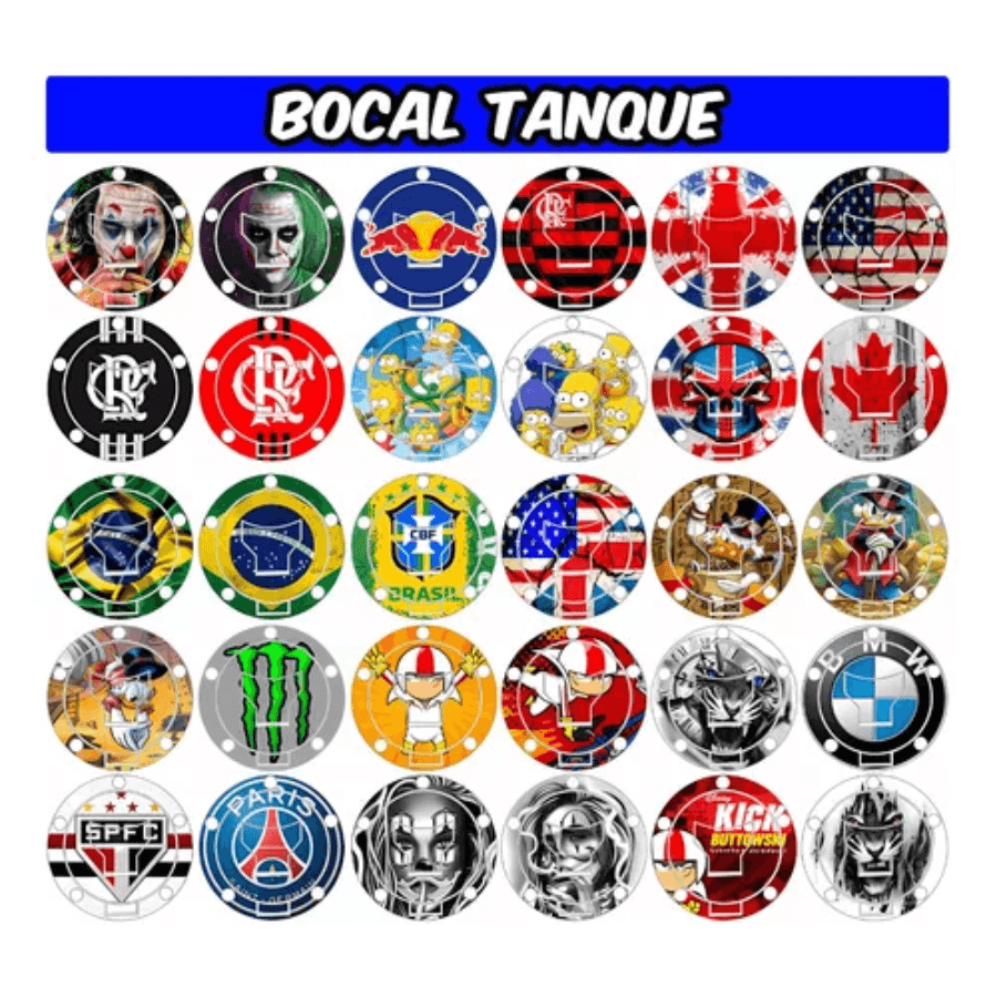 Variety of colorful tank cap designs featuring popular brands, flags, and characters.