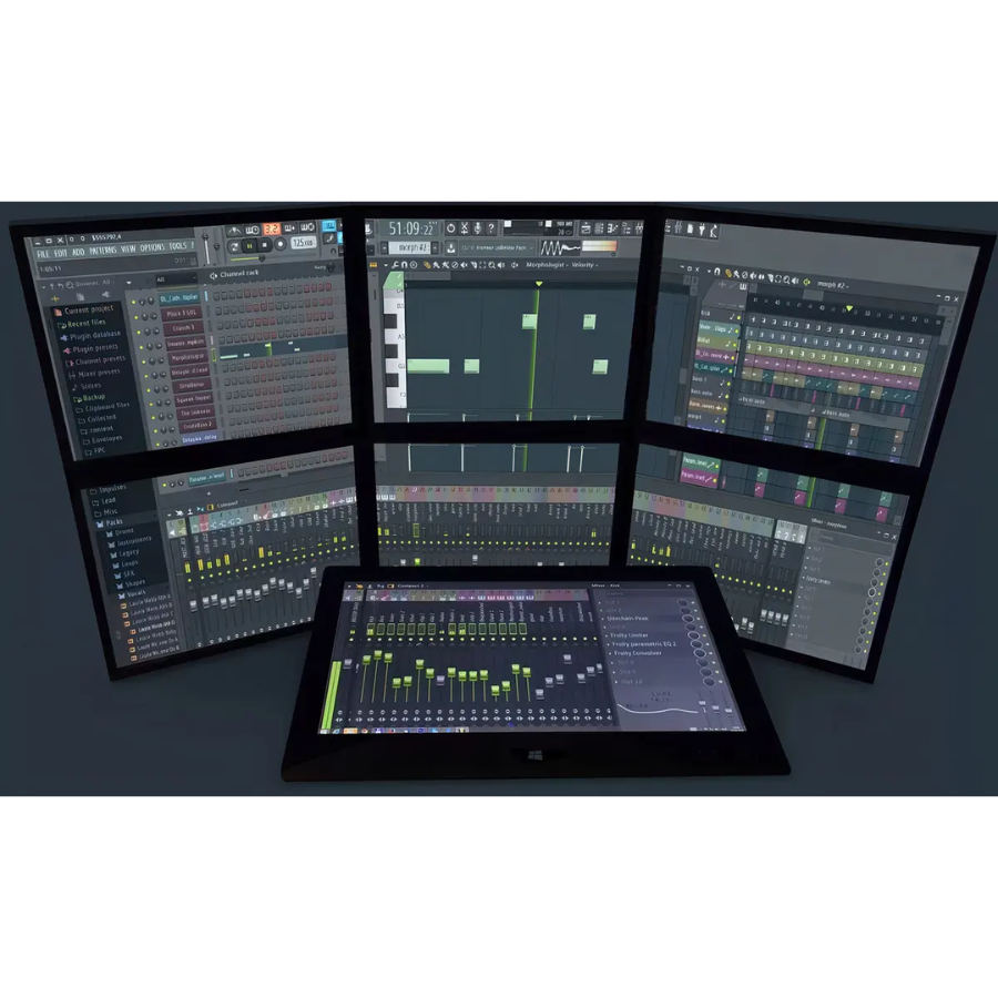 Interface do FL Studio 24 edição produtora portátil em múltiplas telas, ideal para produção musical.