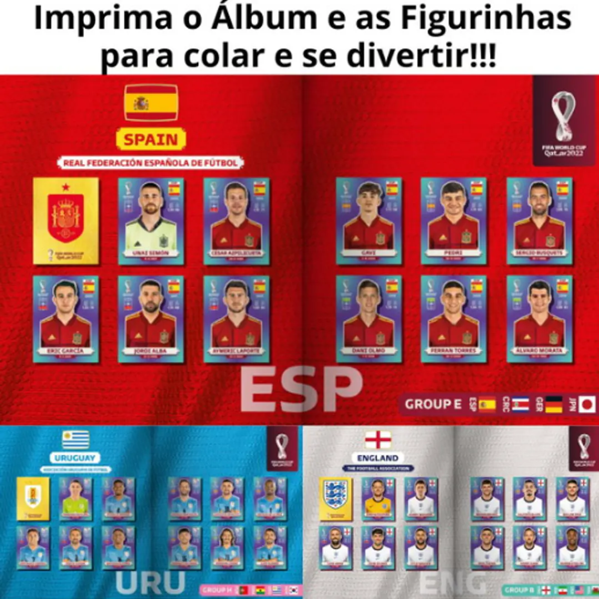 Figurinhas Copa Qatar 2022 PDF - Álbum para Imprimir com seleções da Espanha, Uruguai e Inglaterra.