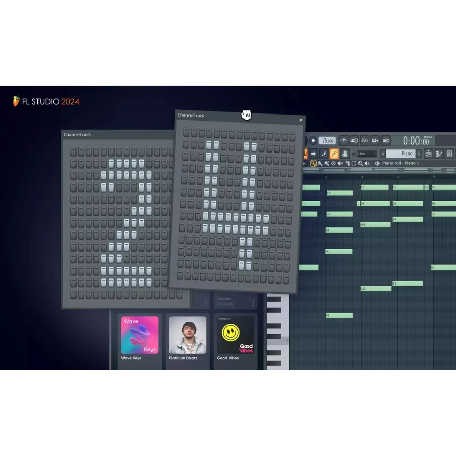 Interface do FL Studio 24 edição produtora portátil mostrando racks de canais e piano roll.