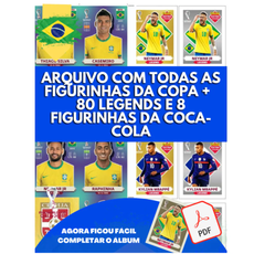 Figurinhas Copa Qatar 2022 PDF com figuras de jogadores, legends e figurinhas da Coca-Cola para imprimir.