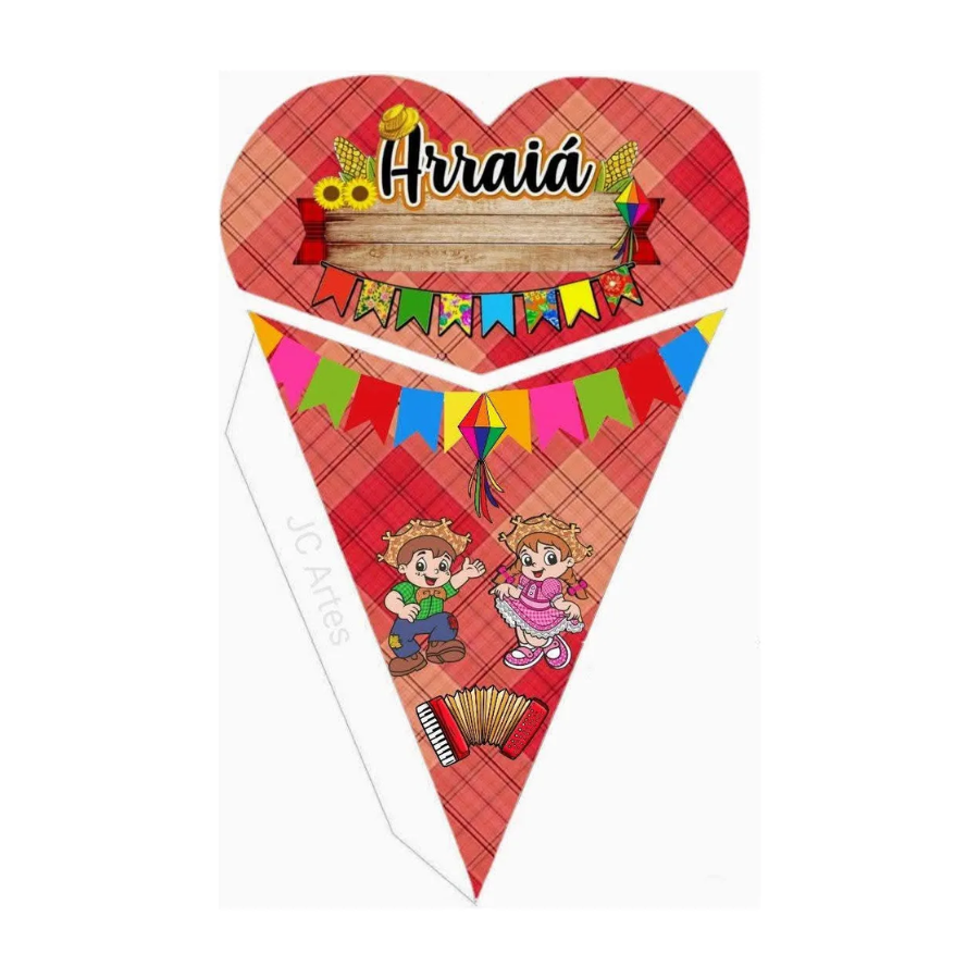 Modelo cone buquê para imprimir tema junino, personalizado com crianças, bandeirinhas e decoração colorida.