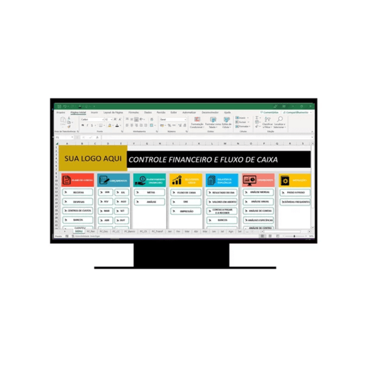 Planilha de Controle Financeiro e Fluxo de Caixa exibida em monitor, com gráficos e funções organizacionais.