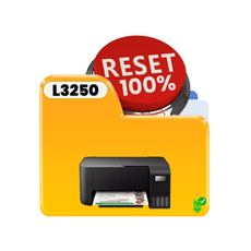Epson L3250 printer with a reset button illustration showing 100% completion for ink pad reset.