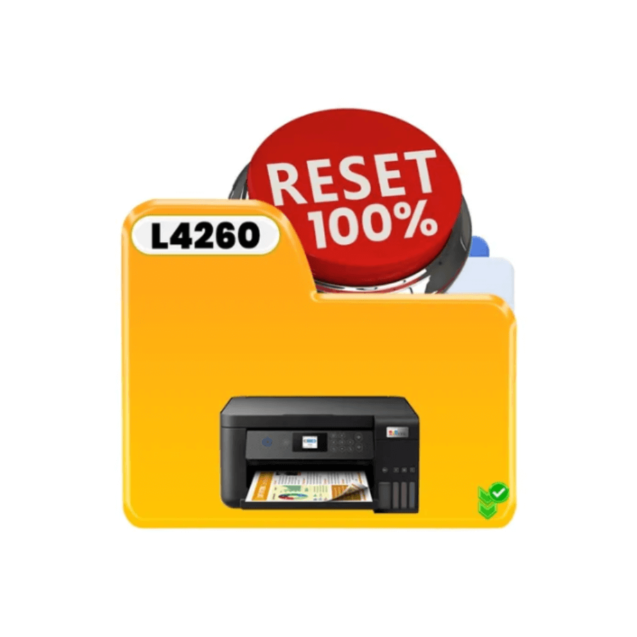 Imagem do programa de reset Epson L4260, mostrando impressora e botão de RESET 100%.