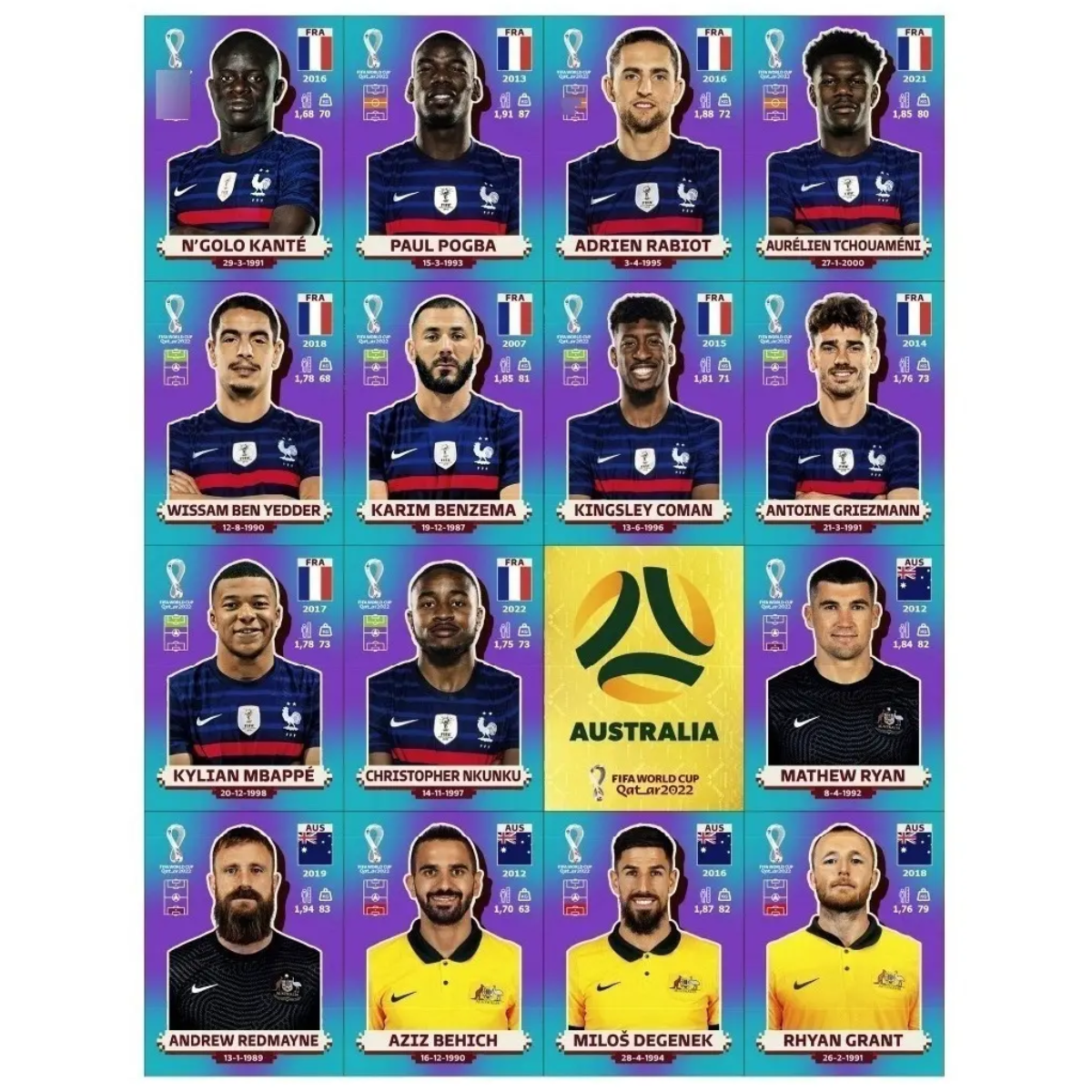 Figurinhas Copa Qatar 2022 em PDF com jogadores da França e Austrália, pronta para imprimir em qualidade HD.