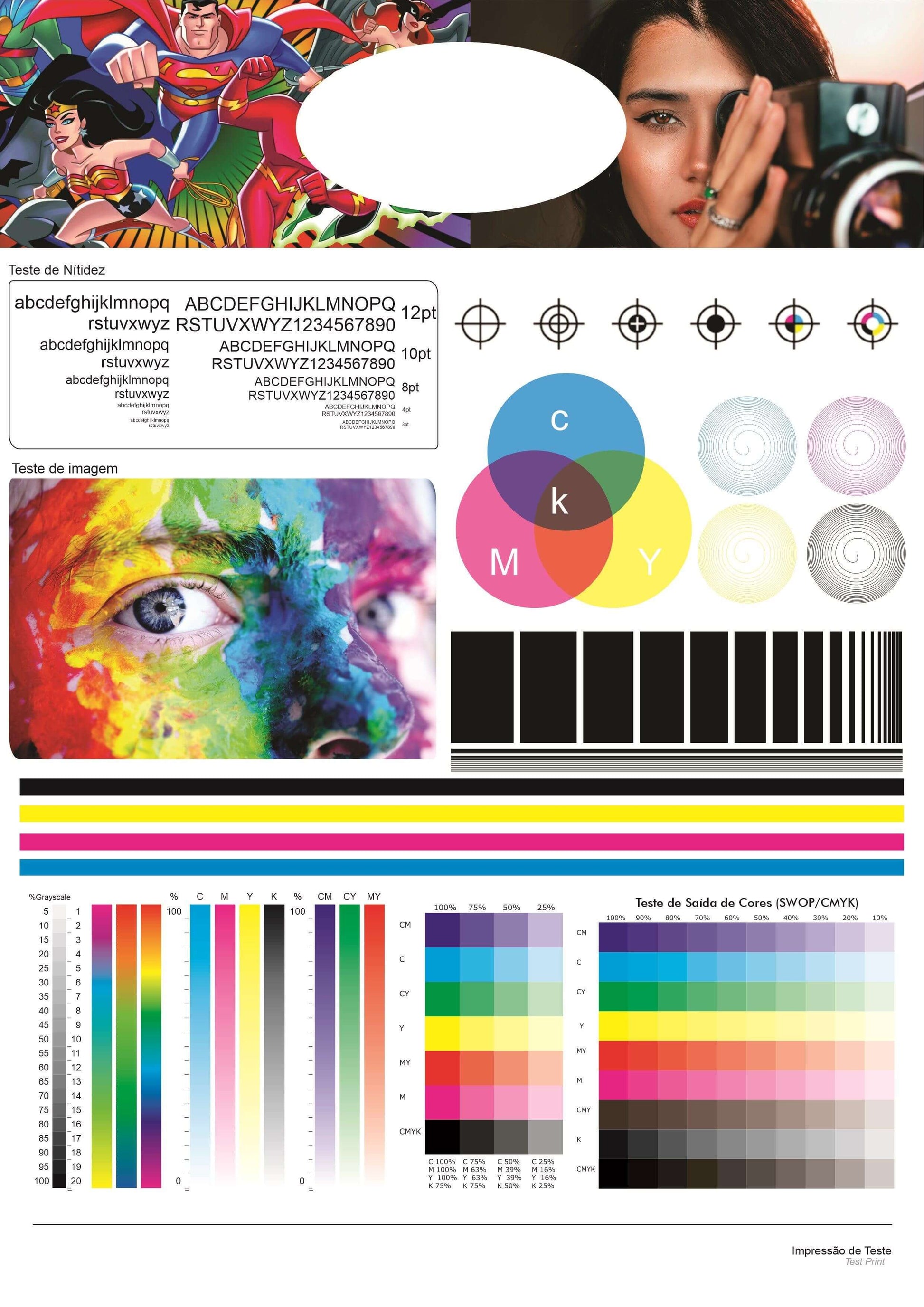 5 Paginas para Teste Impressora JPG mostrando amostras de cores e testes de impressão.